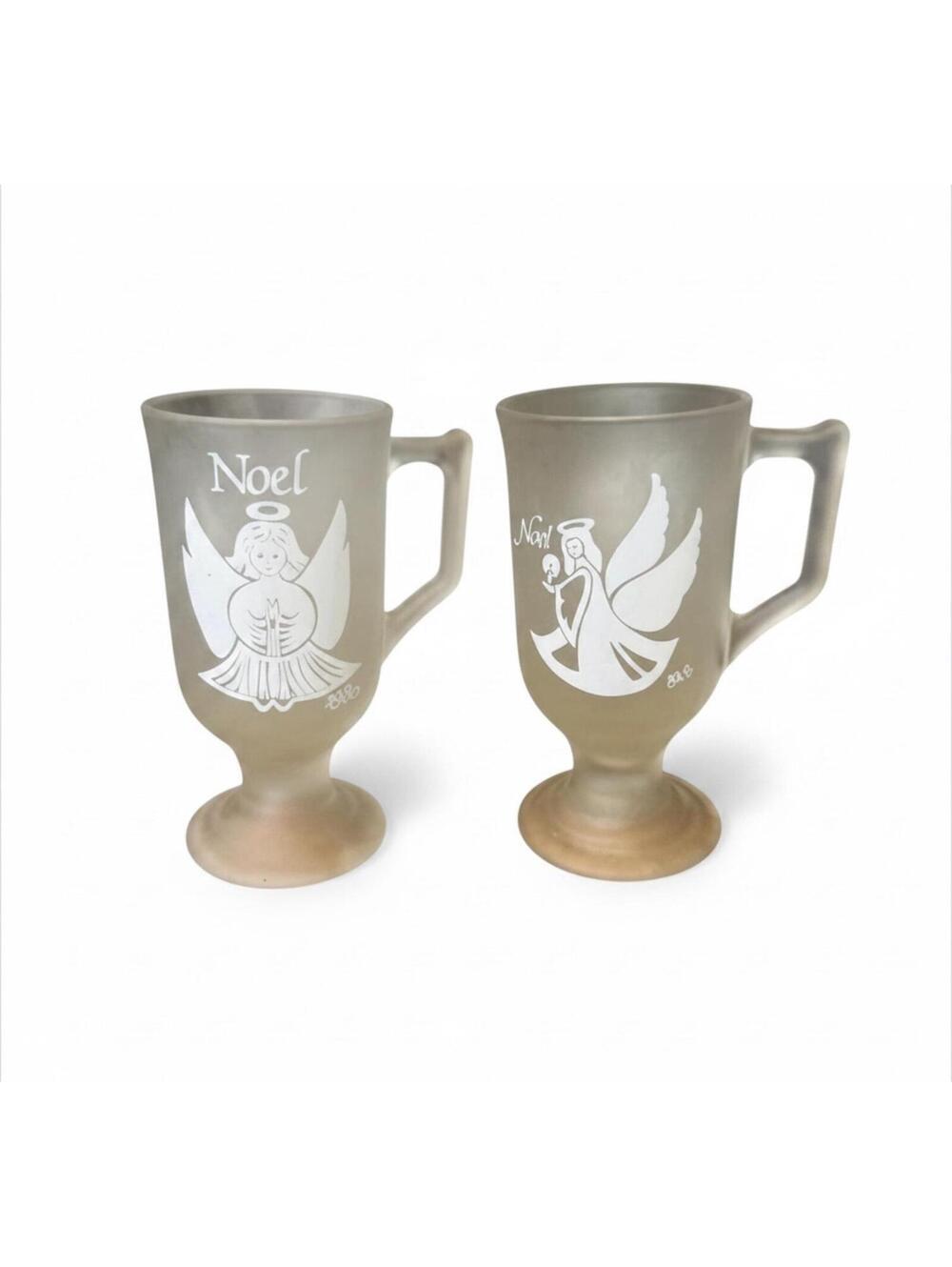 1980 And 1981  Vintage Angel Frosted Glass Irish Footed Noel Coffee Mugs Cup